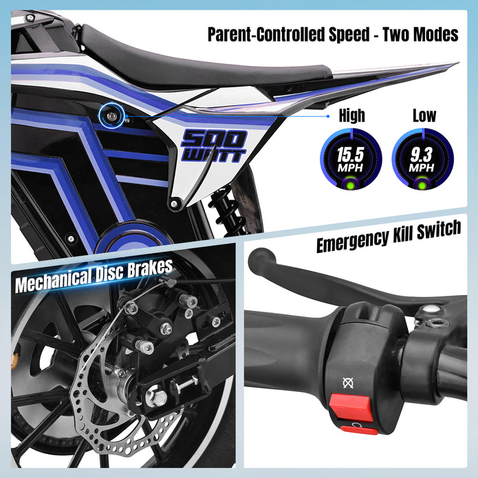 HoverHearts DZ008 Electric Dirt Bike 18 MPH (Max Speed) E-Bike Max Load 165 LBS