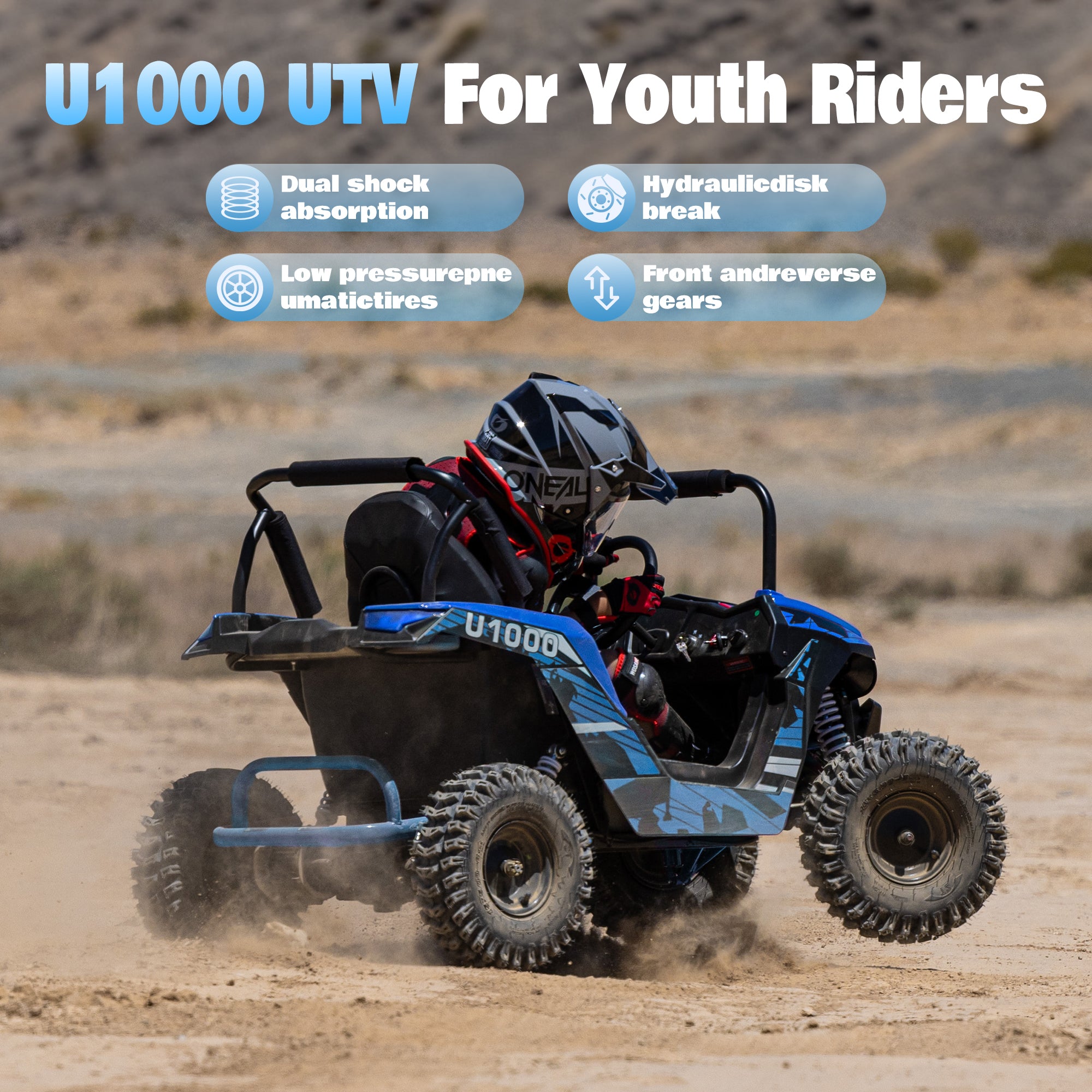 HoverHearts UTV 1000W 48V Battery Go-Kart, X-Large Steel Frame, Off-Road Tire, Full Suspension, Adjustable Speed, Electric 4 Wheeler with Parental Lock