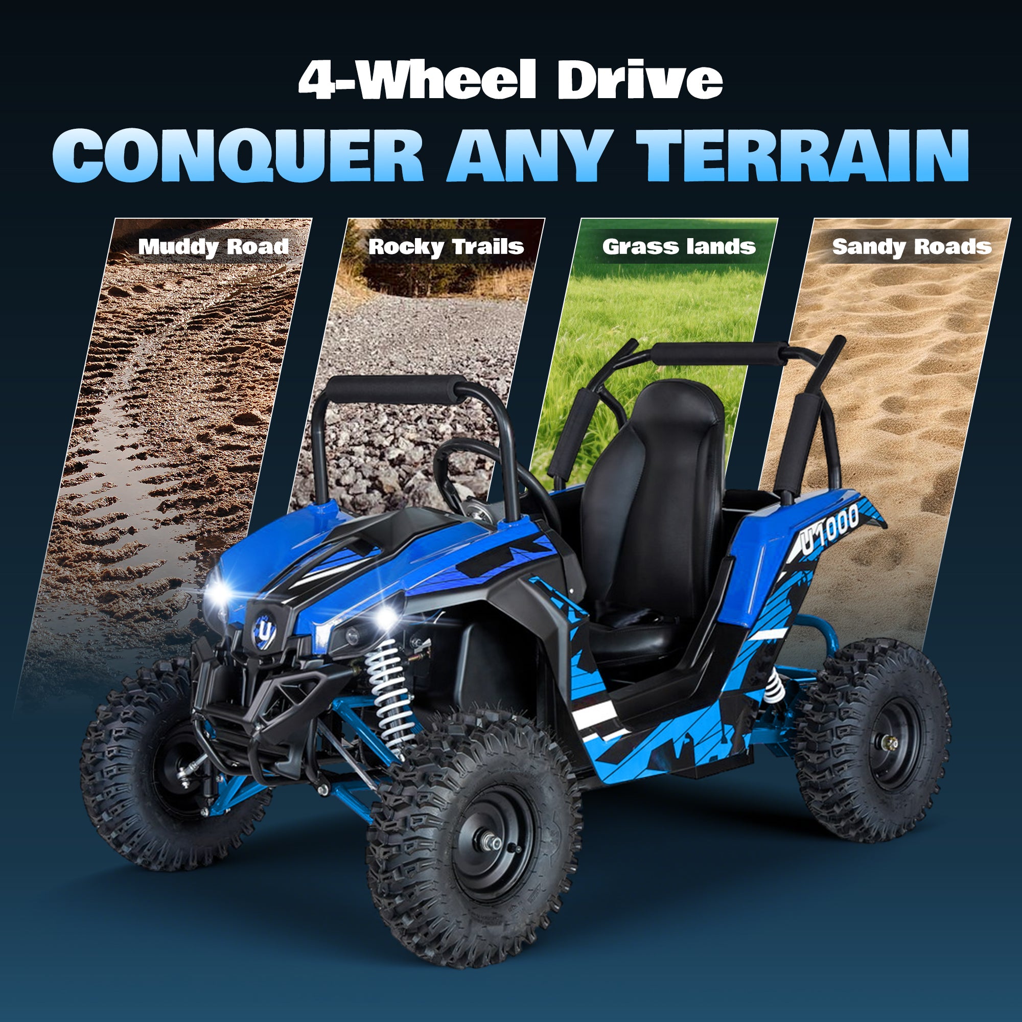 HoverHearts UTV 1000W 48V Battery Go-Kart, X-Large Steel Frame, Off-Road Tire, Full Suspension, Adjustable Speed, Electric 4 Wheeler with Parental Lock